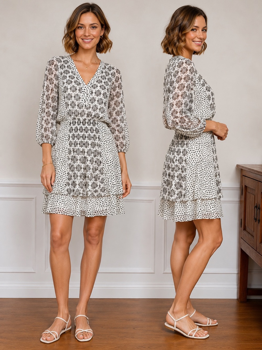 White House Black Market Mixed Print Tiered Blouson Dress